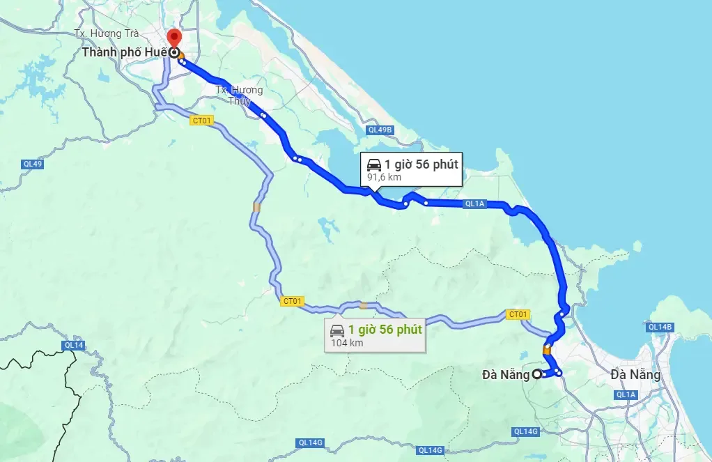 Hue day trip from Da Nang 100km scenic coastal highway route map