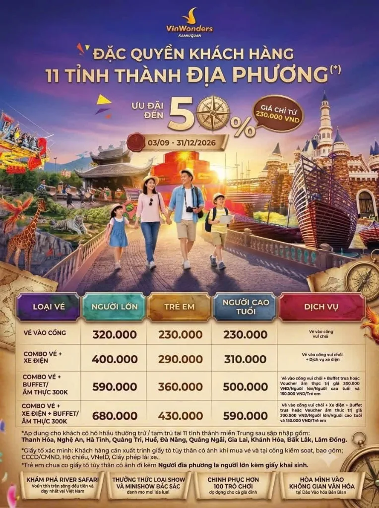 kinh nghiệm đi VinWonders Nam Hội An ngày mưa ưu đãi đặc quyền 11 tỉnh miền trung